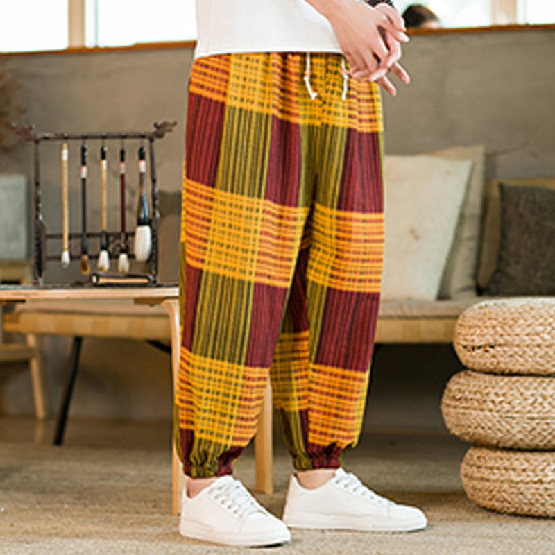 Buddha Stones Summer Checkered Stripes Cotton Linen Men's Harem Pants With Pockets - image 23
