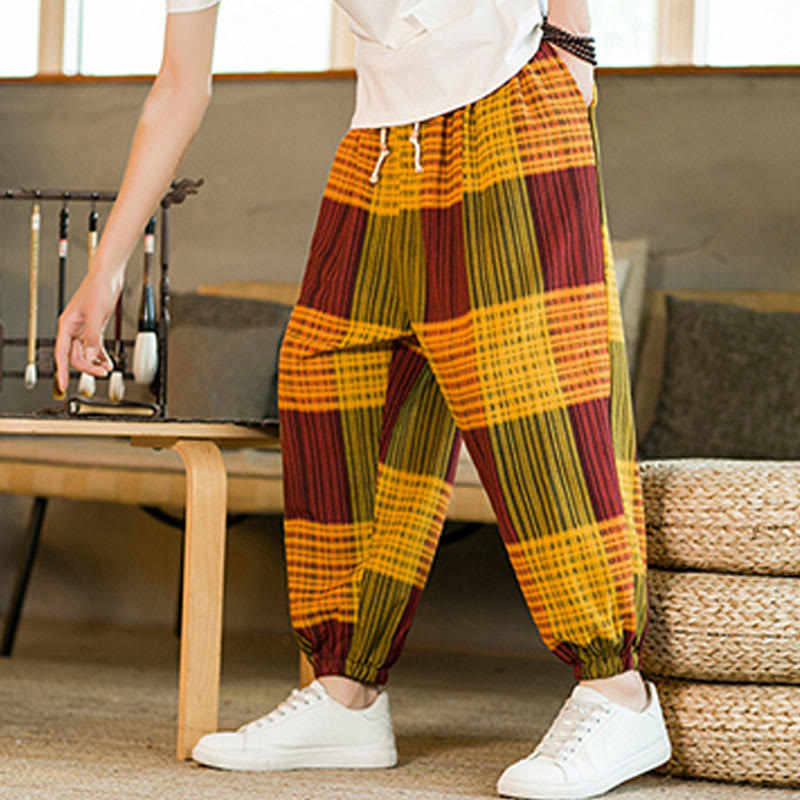 Buddha Stones Summer Checkered Stripes Cotton Linen Men's Harem Pants With Pockets - image 22