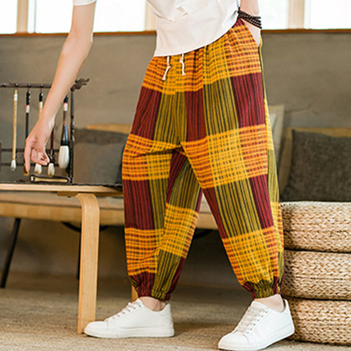 Buddha Stones Summer Checkered Stripes Cotton Linen Men's Harem Pants With Pockets - image 22