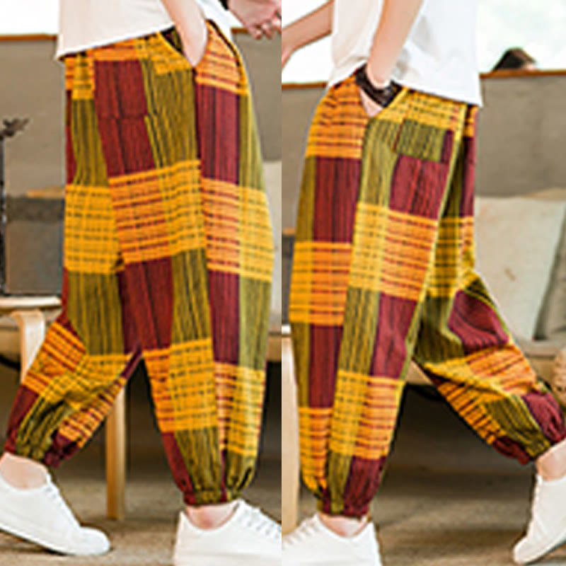 Buddha Stones Summer Checkered Stripes Cotton Linen Men's Harem Pants With Pockets - image 27
