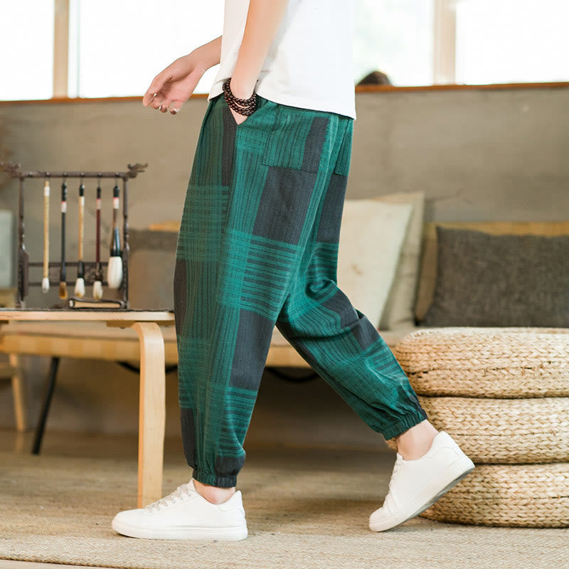 Buddha Stones Summer Checkered Stripes Cotton Linen Men's Harem Pants With Pockets - image 16