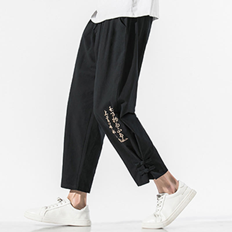Buddha Stones Summer Chinese Characters Embroidery Men's Cotton Linen Pants With Pockets - Black - US/UK/AU46,EU56 (5XL) - image 1