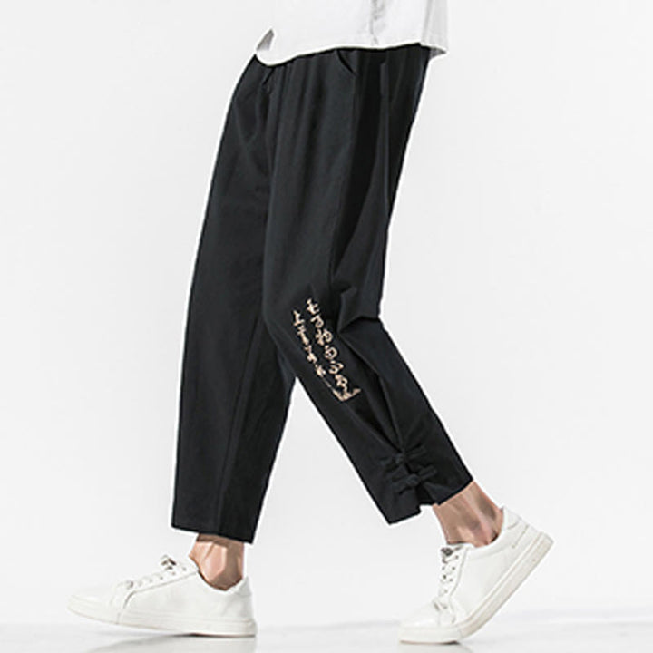 Buddha Stones Summer Chinese Characters Embroidery Men's Cotton Linen Pants With Pockets - Black - US/UK/AU46,EU56 (5XL) - image 1