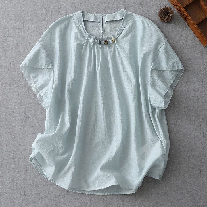 Buddha Stones Beads Crew Neck Design Cotton Short Sleeve Women's Shirt - LightBlue - US12,UK/AU16,EU44 (2XL) - image 1