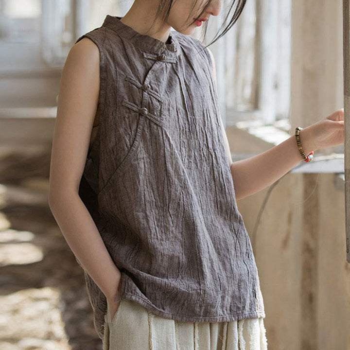 Buddha Stones Summer Tie-dye Frog-Button Ramie Cotton Sleeveless Women's Vest - Tan - US4,UK/AU8,EU36 (F) - image 13