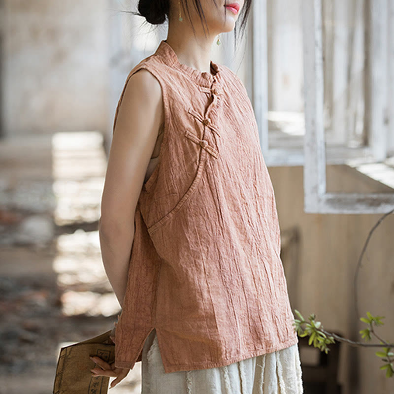 Buddha Stones Summer Tie-dye Frog-Button Ramie Cotton Sleeveless Women's Vest - image 2