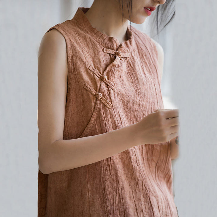 Buddha Stones Summer Tie-dye Frog-Button Ramie Cotton Sleeveless Women's Vest - image 5