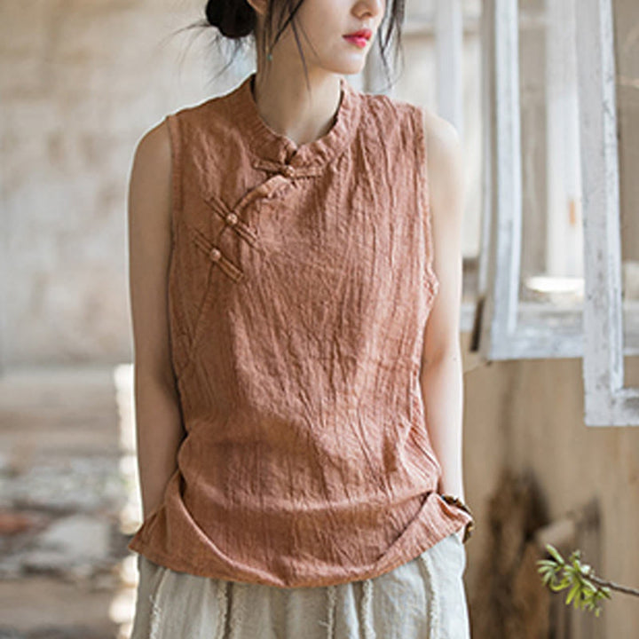 Buddha Stones Summer Tie-dye Frog-Button Ramie Cotton Sleeveless Women's Vest - image 11