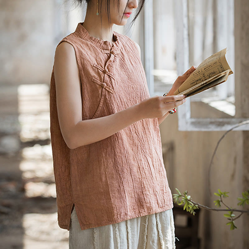 Buddha Stones Summer Tie-dye Frog-Button Ramie Cotton Sleeveless Women's Vest - image 4