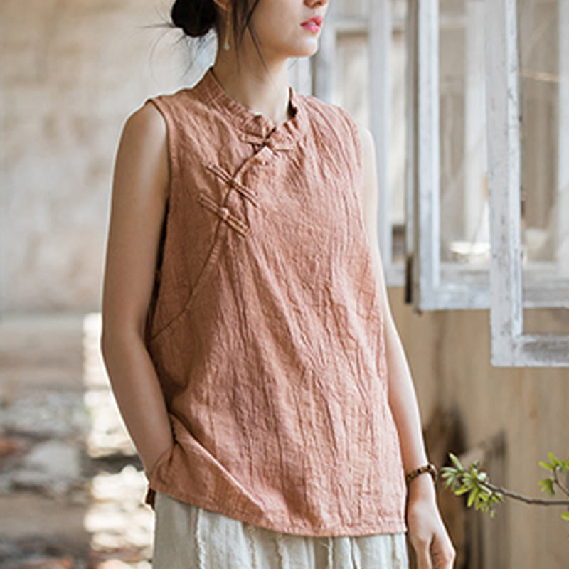 Buddha Stones Summer Tie-dye Frog-Button Ramie Cotton Sleeveless Women's Vest - image 7