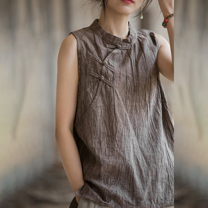 Buddha Stones Summer Tie-dye Frog-Button Ramie Cotton Sleeveless Women's Vest - image 17