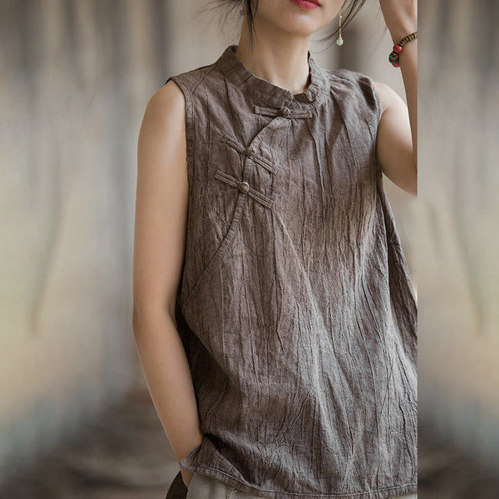 Buddha Stones Summer Tie-dye Frog-Button Ramie Cotton Sleeveless Women's Vest - image 17