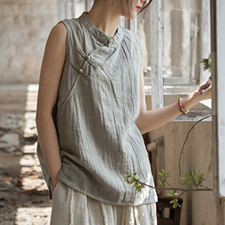 Buddha Stones Summer Tie-dye Frog-Button Ramie Cotton Sleeveless Women's Vest - image 24