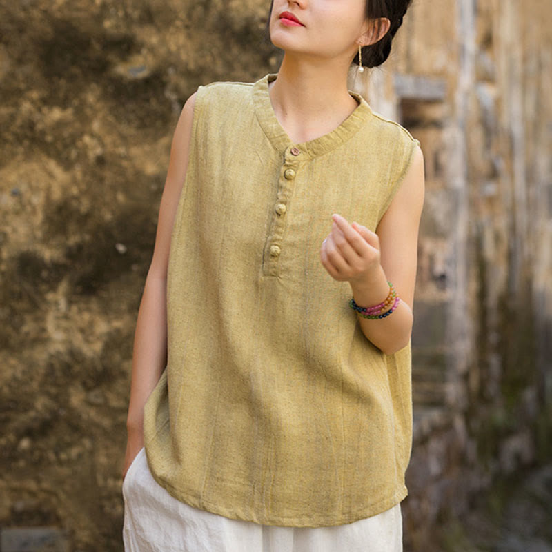 Buddha Stones Summer Tie-dye Buttons Linen Sleeveless Women's Vest - PaleGoldenrod - US4-6,UK/AU8-10,EU36-38 (F) - image 1