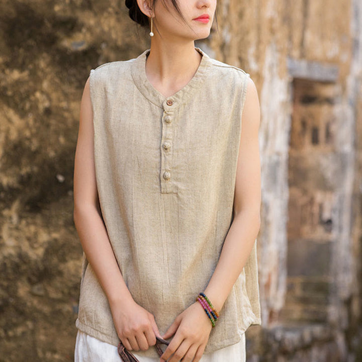 Buddha Stones Summer Tie-dye Buttons Linen Sleeveless Women's Vest - Beige - US4-6,UK/AU8-10,EU36-38 (F) - image 21
