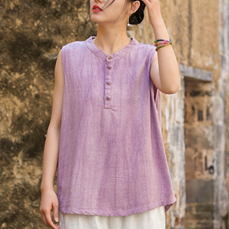 Buddha Stones Summer Tie-dye Buttons Linen Sleeveless Women's Vest - image 14