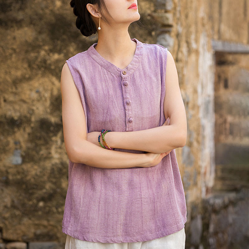 Buddha Stones Summer Tie-dye Buttons Linen Sleeveless Women's Vest - image 11