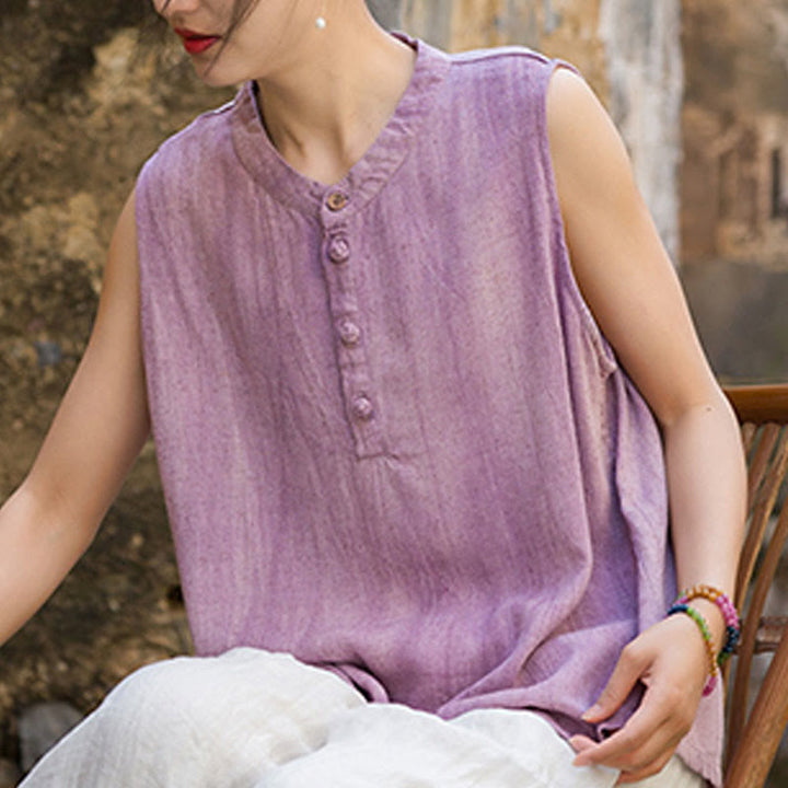 Buddha Stones Summer Tie-dye Buttons Linen Sleeveless Women's Vest - image 17