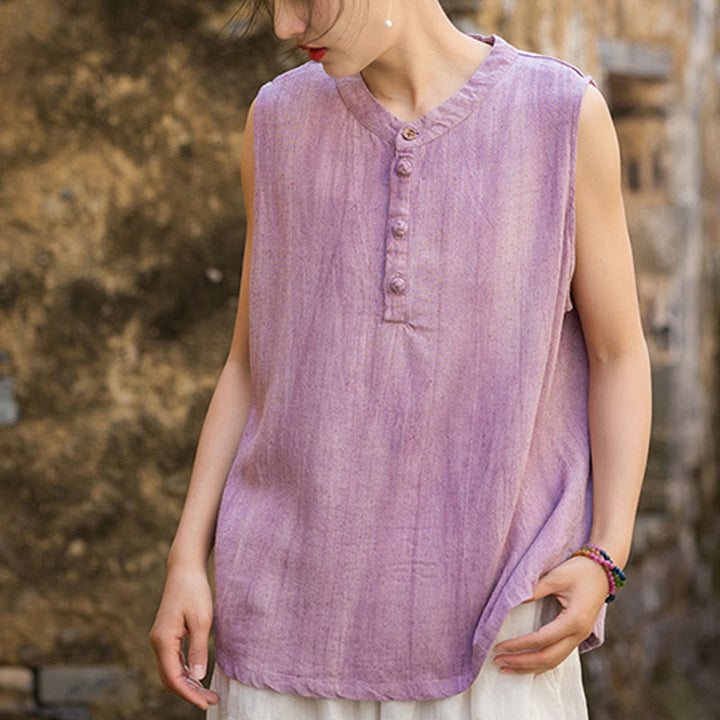 Buddha Stones Summer Tie-dye Buttons Linen Sleeveless Women's Vest - image 13