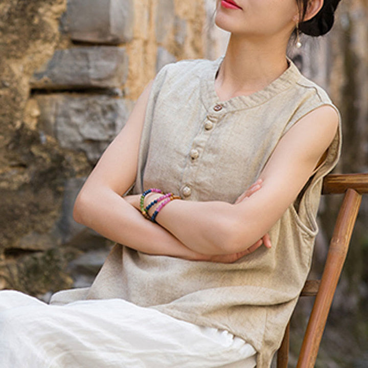 Buddha Stones Summer Tie-dye Buttons Linen Sleeveless Women's Vest - image 27