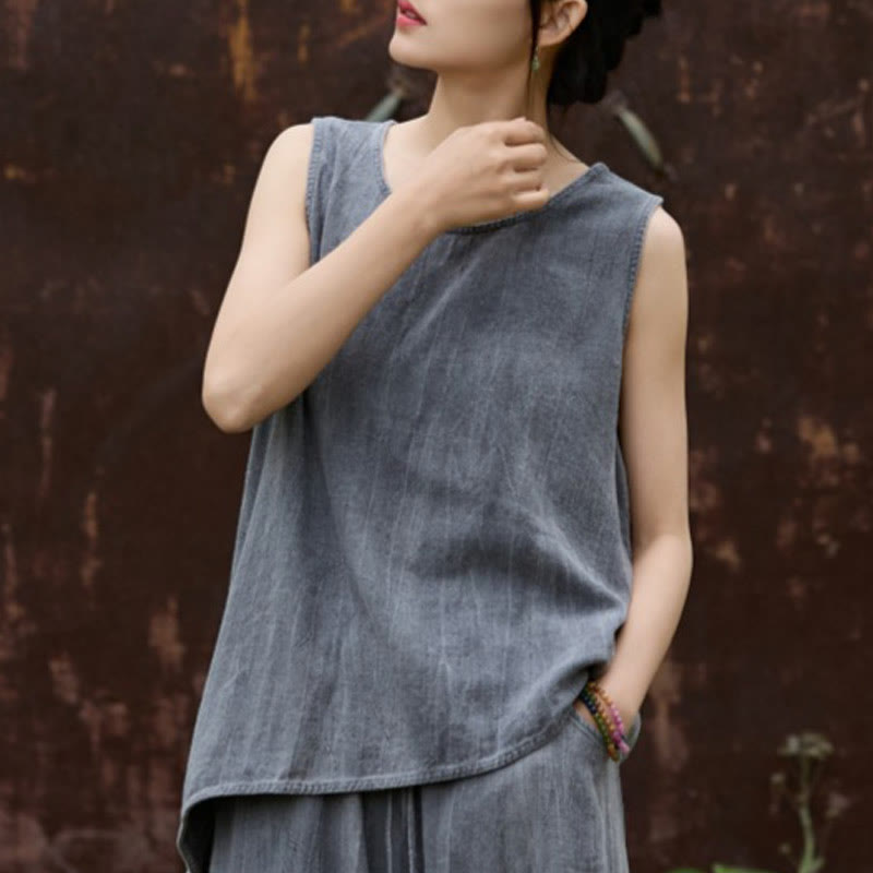 Buddha Stones Summer Tie-dye Linen Crew Neck Sleeveless Women's Vest - DimGray - US4,UK/AU8,EU36 (F) - image 10