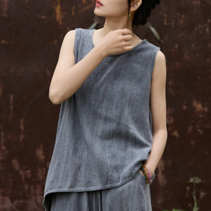 Buddha Stones Summer Tie-dye Linen Crew Neck Sleeveless Women's Vest - DimGray - US4,UK/AU8,EU36 (F) - image 10