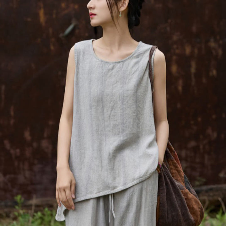 Buddha Stones Summer Tie-dye Linen Crew Neck Sleeveless Women's Vest - LightGrey - US4,UK/AU8,EU36 (F) - image 16
