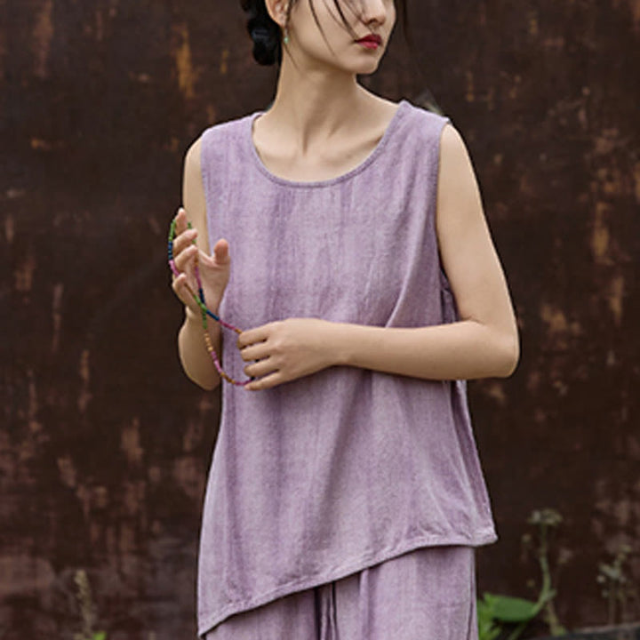 Buddha Stones Summer Tie-dye Linen Crew Neck Sleeveless Women's Vest - image 3