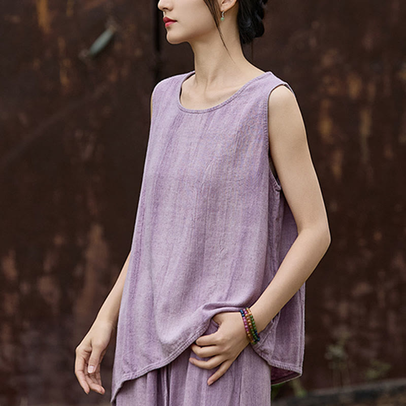 Buddha Stones Summer Tie-dye Linen Crew Neck Sleeveless Women's Vest - image 2