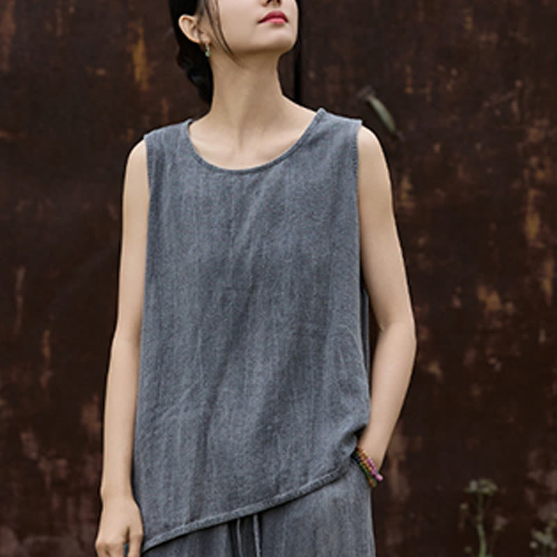 Buddha Stones Summer Tie-dye Linen Crew Neck Sleeveless Women's Vest - image 11