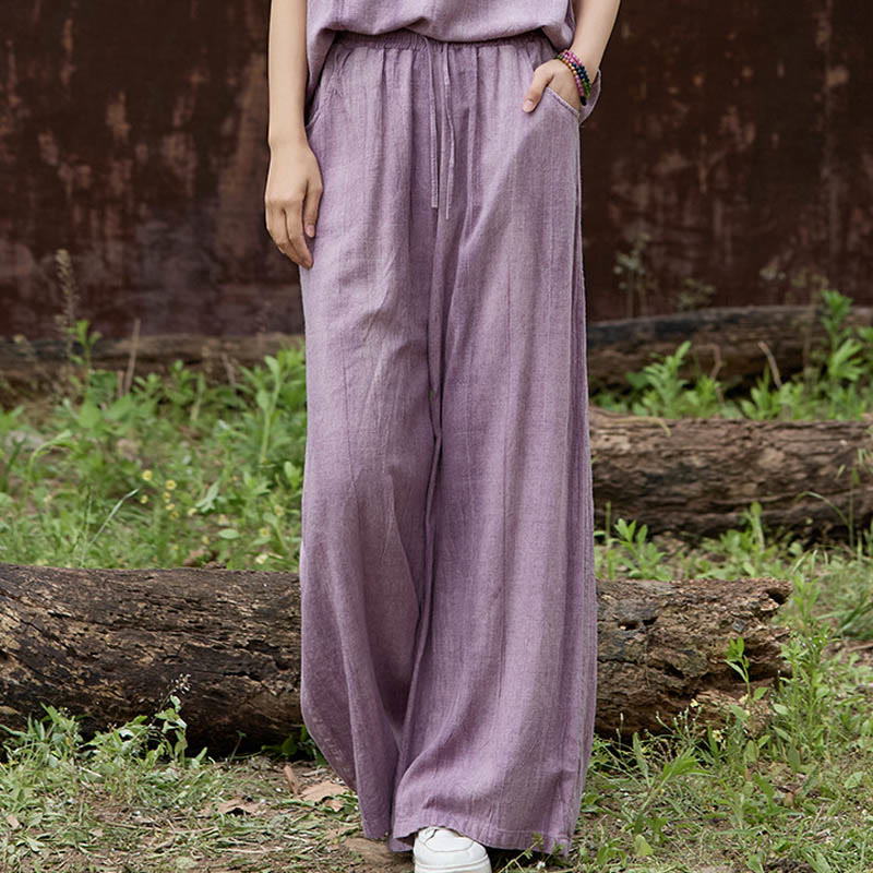 Buddha Stones Casual Tie-Dye Women's Linen Wide Leg Pants With Pockets - Plum - US4,UK/AU8,EU36 (F) - image 1