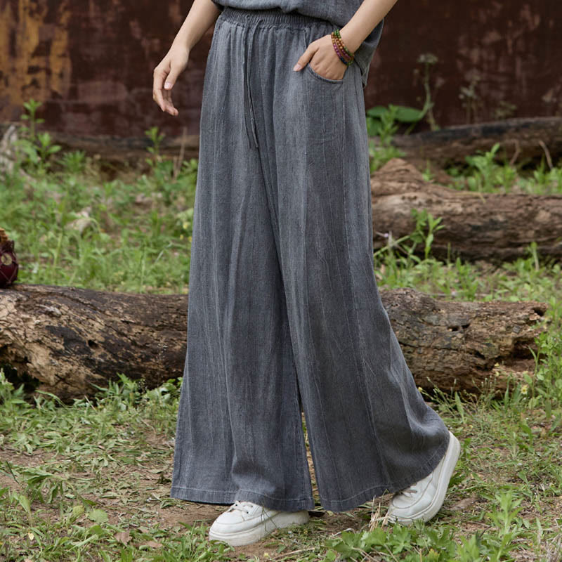 Buddha Stones Casual Tie-Dye Women's Linen Wide Leg Pants With Pockets - DimGray - US4,UK/AU8,EU36 (F) - image 9