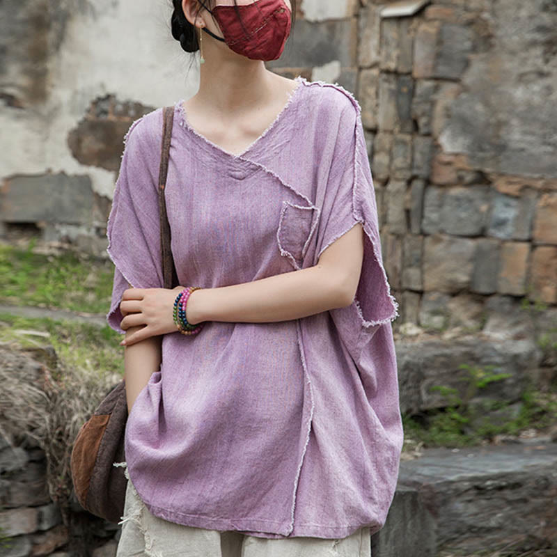 Buddha Stones Summer Tie-dye Linen V-Neck Short Sleeve Women's T-shirts - Plum - US4-14,UK/AU8-18,EU36-46 (F) - image 1