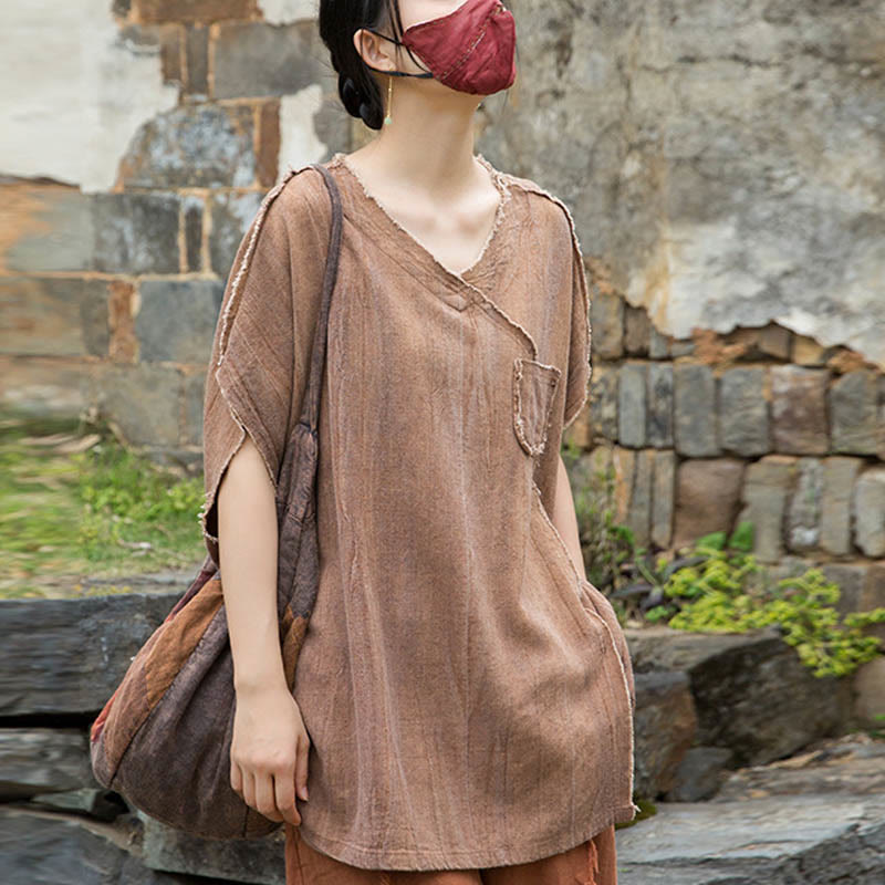 Buddha Stones Summer Tie-dye Linen V-Neck Short Sleeve Women's T-shirts - SandyBrown - US4-14,UK/AU8-18,EU36-46 (F) - image 12