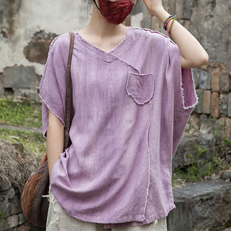 Buddha Stones Summer Tie-dye Linen V-Neck Short Sleeve Women's T-shirts - image 2