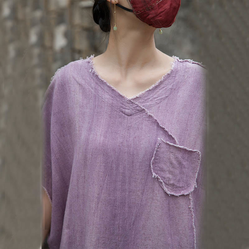 Buddha Stones Summer Tie-dye Linen V-Neck Short Sleeve Women's T-shirts - image 9