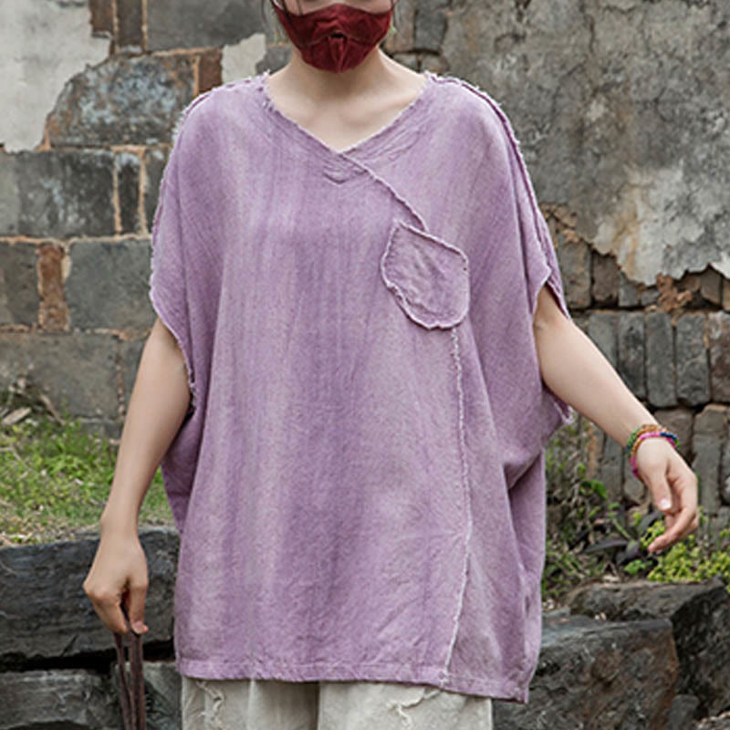 Buddha Stones Summer Tie-dye Linen V-Neck Short Sleeve Women's T-shirts - image 6