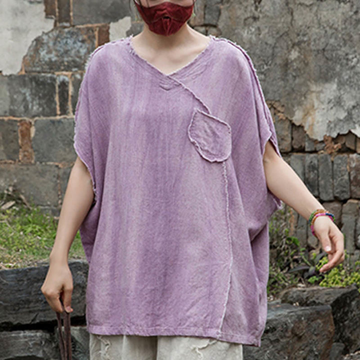 Buddha Stones Summer Tie-dye Linen V-Neck Short Sleeve Women's T-shirts - image 6