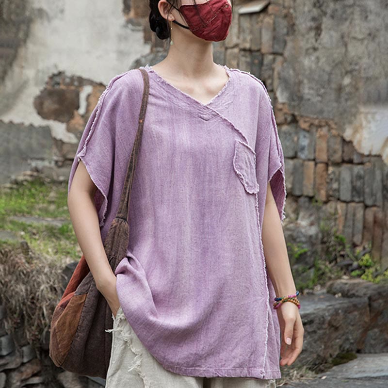 Buddha Stones Summer Tie-dye Linen V-Neck Short Sleeve Women's T-shirts - image 7