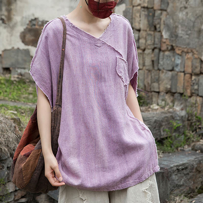 Buddha Stones Summer Tie-dye Linen V-Neck Short Sleeve Women's T-shirts - image 4