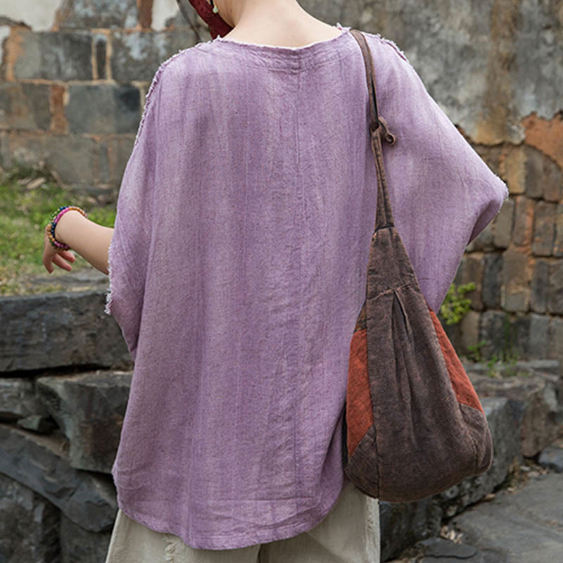 Buddha Stones Summer Tie-dye Linen V-Neck Short Sleeve Women's T-shirts - image 5