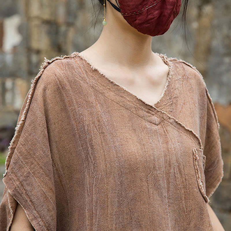 Buddha Stones Summer Tie-dye Linen V-Neck Short Sleeve Women's T-shirts - image 23