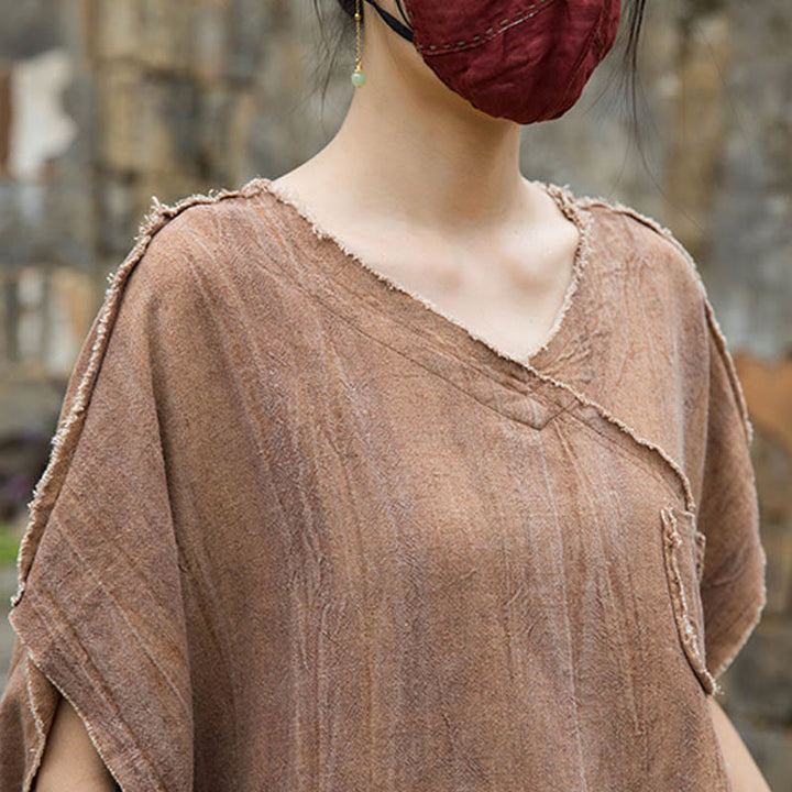 Buddha Stones Summer Tie-dye Linen V-Neck Short Sleeve Women's T-shirts - image 23