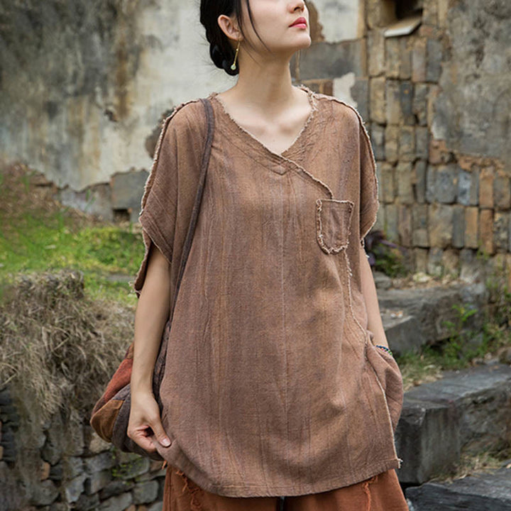 Buddha Stones Summer Tie-dye Linen V-Neck Short Sleeve Women's T-shirts - image 17