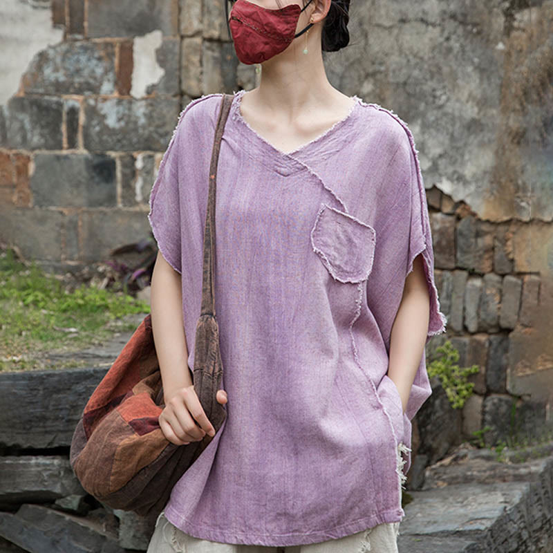 Buddha Stones Summer Tie-dye Linen V-Neck Short Sleeve Women's T-shirts - image 3