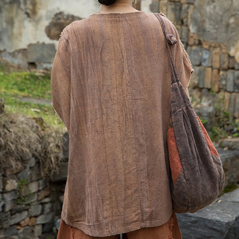 Buddha Stones Summer Tie-dye Linen V-Neck Short Sleeve Women's T-shirts - image 15