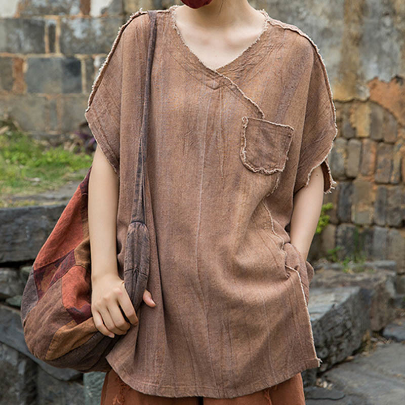 Buddha Stones Summer Tie-dye Linen V-Neck Short Sleeve Women's T-shirts - image 21