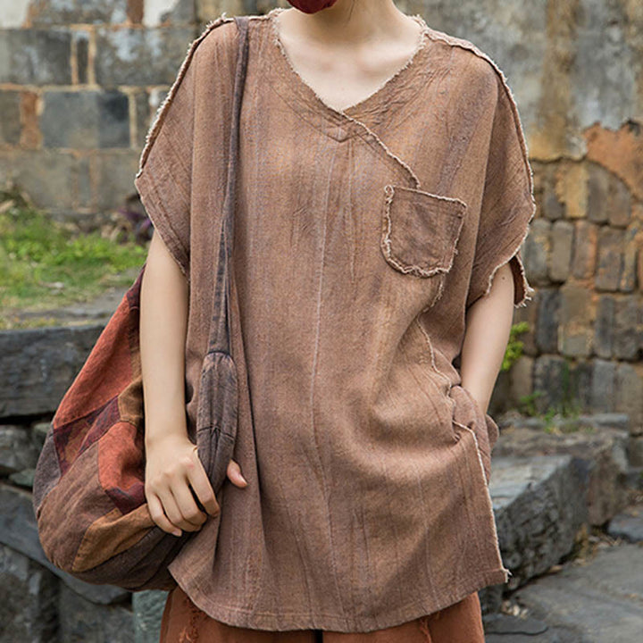 Buddha Stones Summer Tie-dye Linen V-Neck Short Sleeve Women's T-shirts - image 21