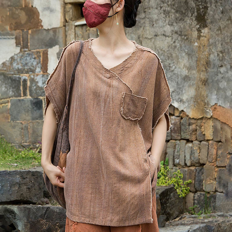 Buddha Stones Summer Tie-dye Linen V-Neck Short Sleeve Women's T-shirts - image 20