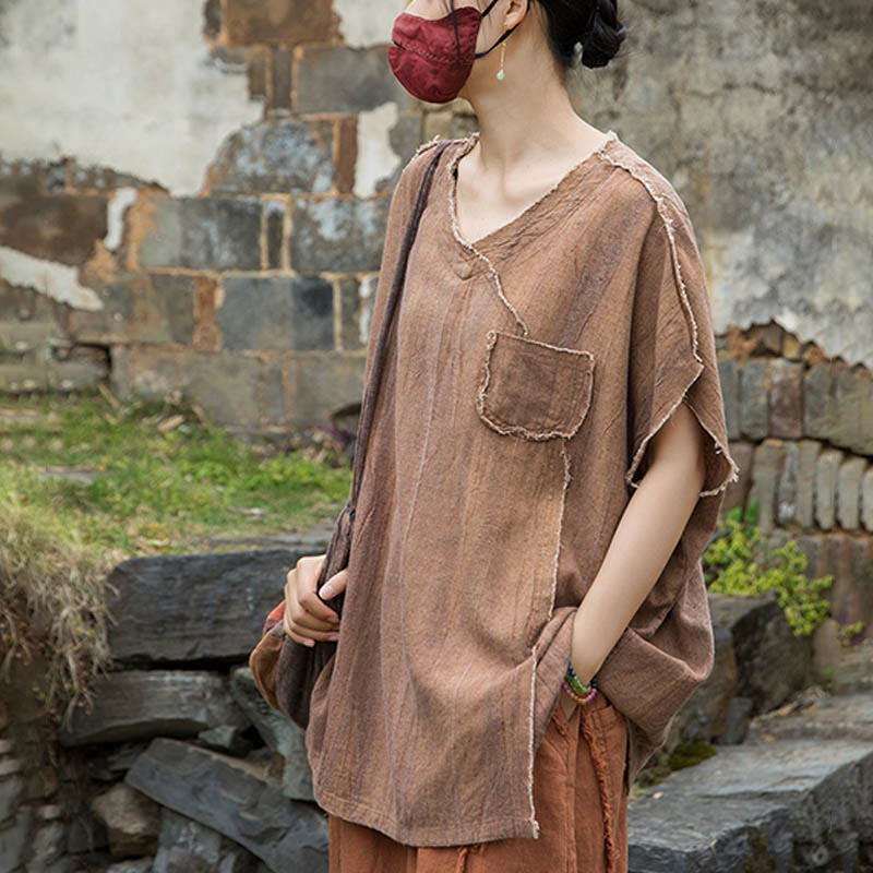 Buddha Stones Summer Tie-dye Linen V-Neck Short Sleeve Women's T-shirts - image 18